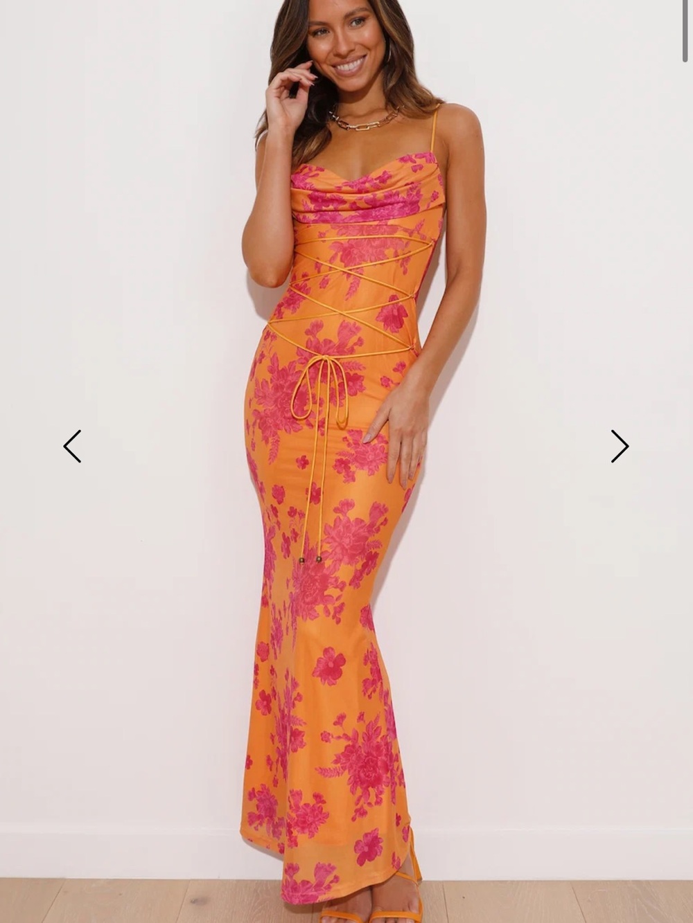 Hello Molly Orange Maxi Dress with Pink Floral Print & Cowl Neck